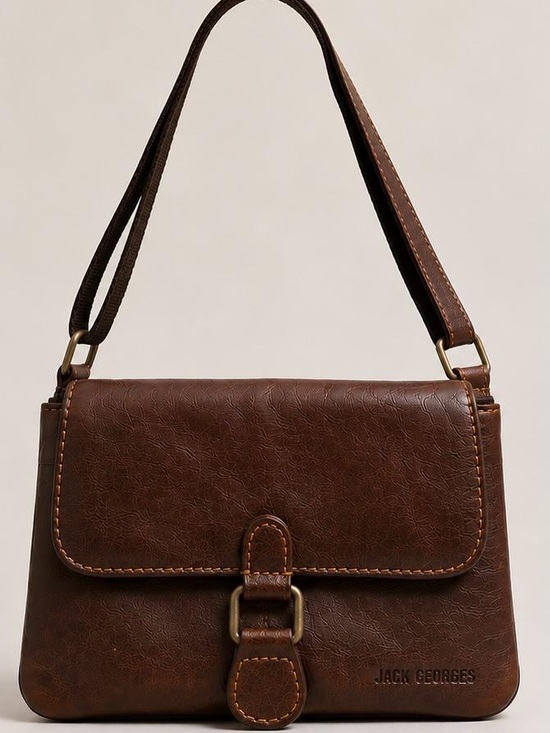 Jack Georges Handbags - Jack Georges Brown Leather Shoulder Bag with Front Buckle Detail